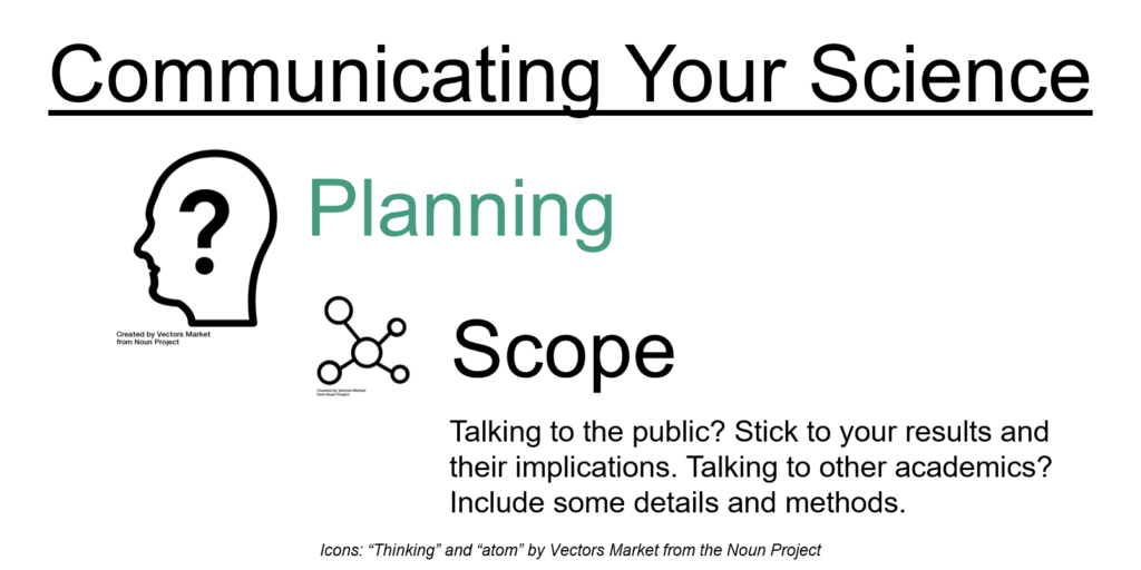 Communicating your science: Planning: scope. Talking to the public? Stick to your results and their implications. Talking to other academics? Include some details and methods.