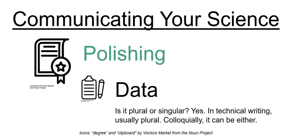 Communicating your science: polishing: data. Is it plural or singular? Yes. In technical writing, usually plural. Colloquially, it can be either. 